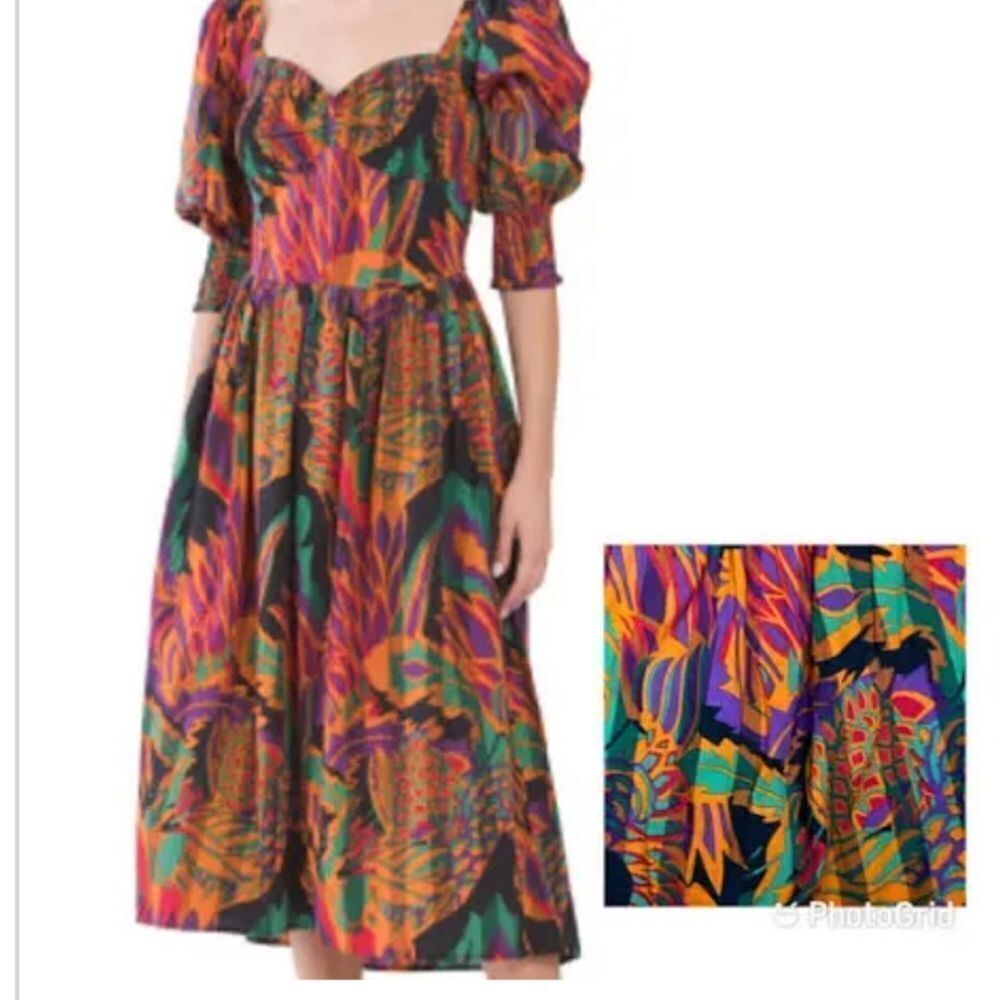 HOUSE OF HARLOW 1960 Nicole Richie Meadow Pink Print Puff Sleeve Midi Dress.